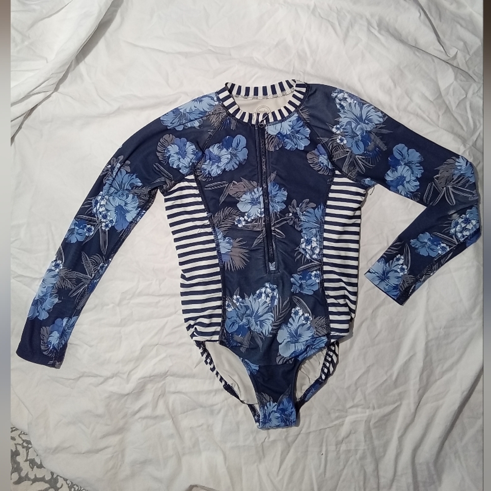 wonder nation‎ Navy Blue Floral & White Striped Swimsuit 👠